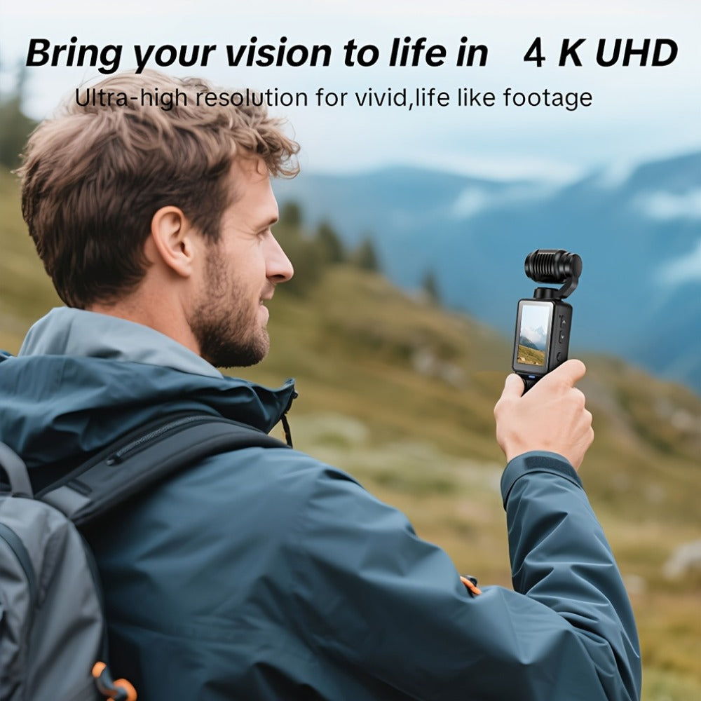 4K Pocket Sports Camera with Gimbal Stabilizer 16X Zoom 180 Degree Rotation 2000mAh Rechargeable 32GB Memory USB Charging Portable Vlog Body Camera for Outdoor Sports Travel Content Creators Black White
