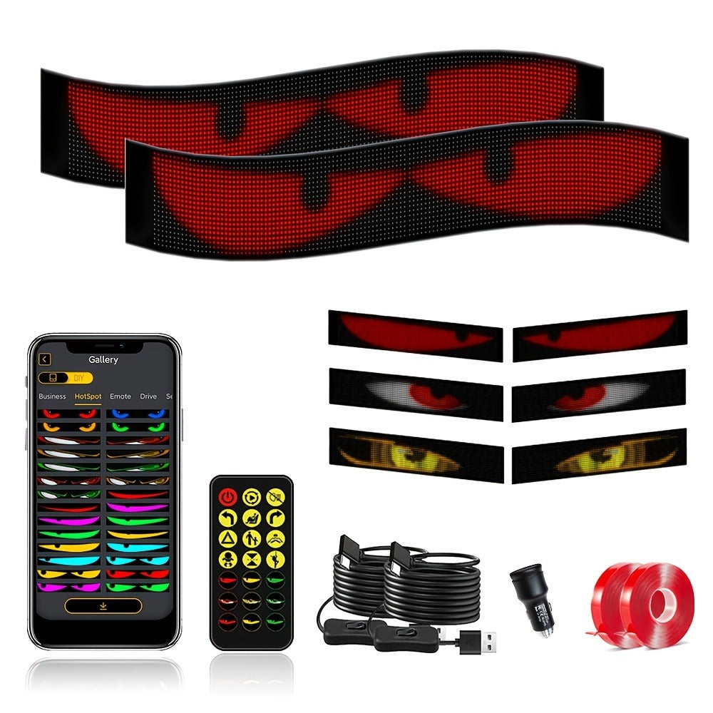 Devil Eye LED Headlight Panels 2 Pack Flexible RGB Matrix App & Remote Control - USB 5V Programmable Scrolling Text Animation Display for Car Windshield Headlight Modification Decoration 20x64