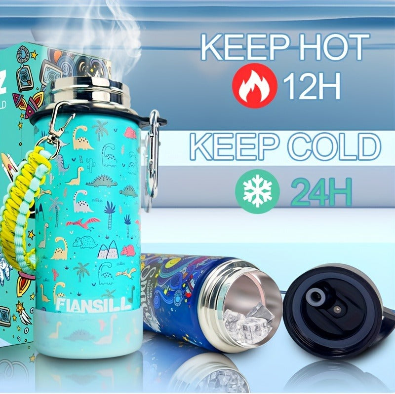 Kids Insulated Water Bottle 16oz with 3D Print Design - Stainless Steel Vacuum Flask, Leak-Proof BPA-Free, One-Hand Lid, Woven Strap & Carabiner, Perfect Student Gift for Boys & Girls, 8 Fun Styles
