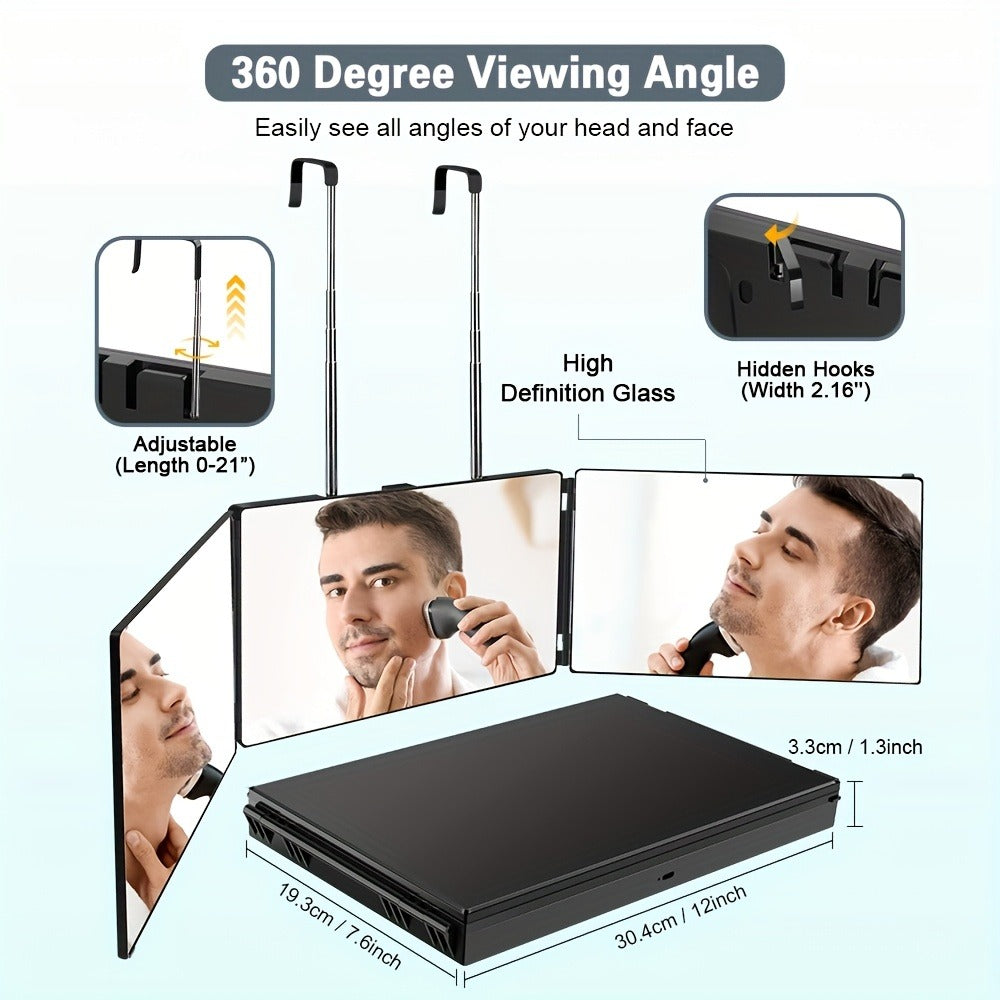 360° LED Self Hair Cutting Mirror – Anti-Fog HD Glass, Touch Dimming LED Light, USB Rechargeable 1500mAh, Door/Wall/Table Mount, DIY Home Barber Mirror for Men & Women