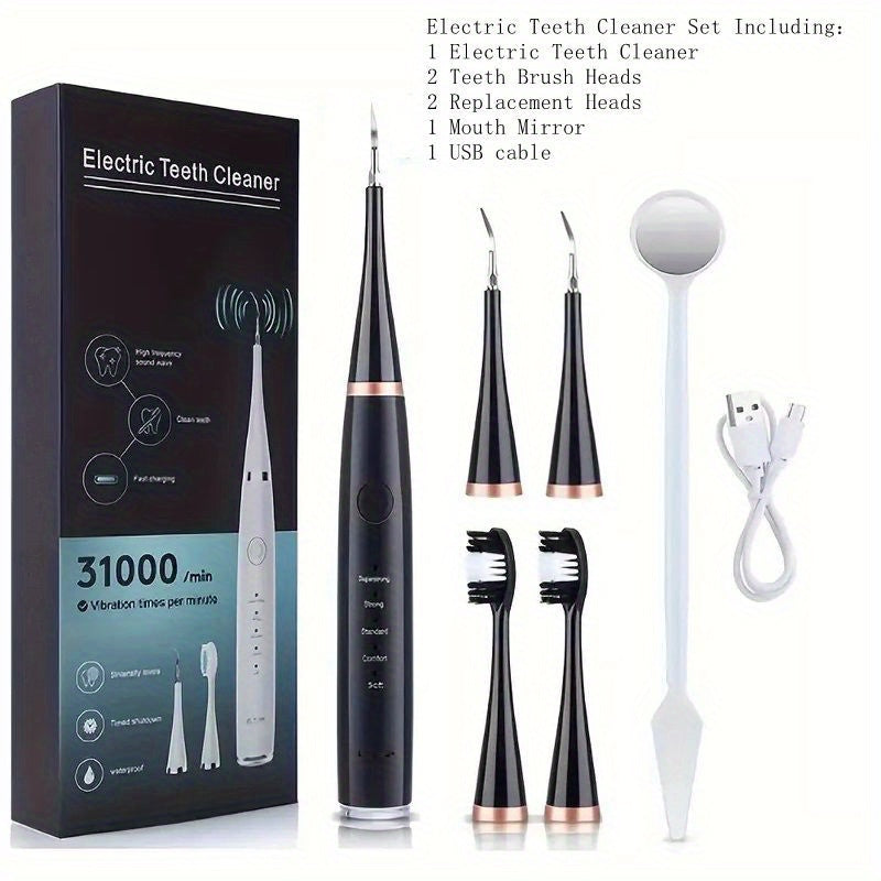 Electric Teeth Cleaner Kit USB Rechargeable – 5 Cleaning Modes Dental Scaler Plaque Tartar Remover Gum Health Tool for Adults Family Holiday Gift Set Black White Green