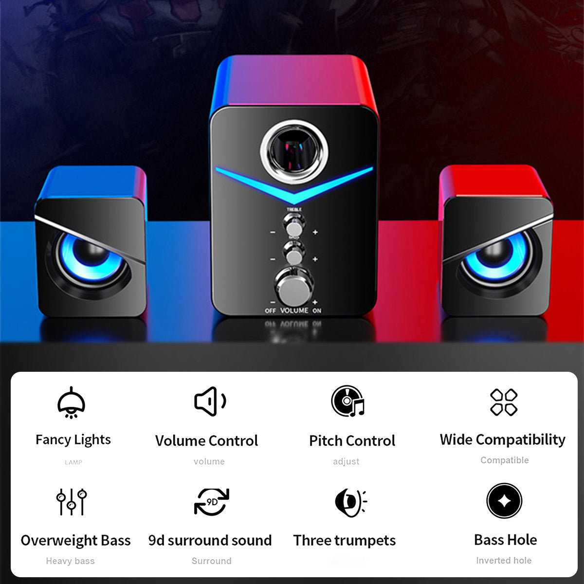 USB Powered Computer Speakers with Subwoofer, 3.5mm Aux Wired Desktop PC Laptop Speaker System, Dual 2" Tweeter + 3" Subwoofer, 10W Stereo Sound for Gaming Home Office