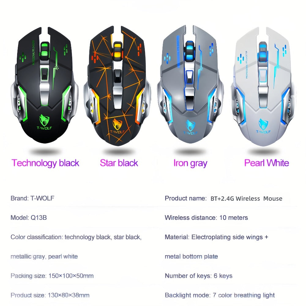 Ergonomic Silent Wireless Mouse T-WOLF Rechargeable Dual-Mode BT5.0 & 2.4G – Full-Size RGB Comfort Mouse for Work Study Gaming, Aesthetic Desk Setup, Back to School Gift for PC Laptop Mac
