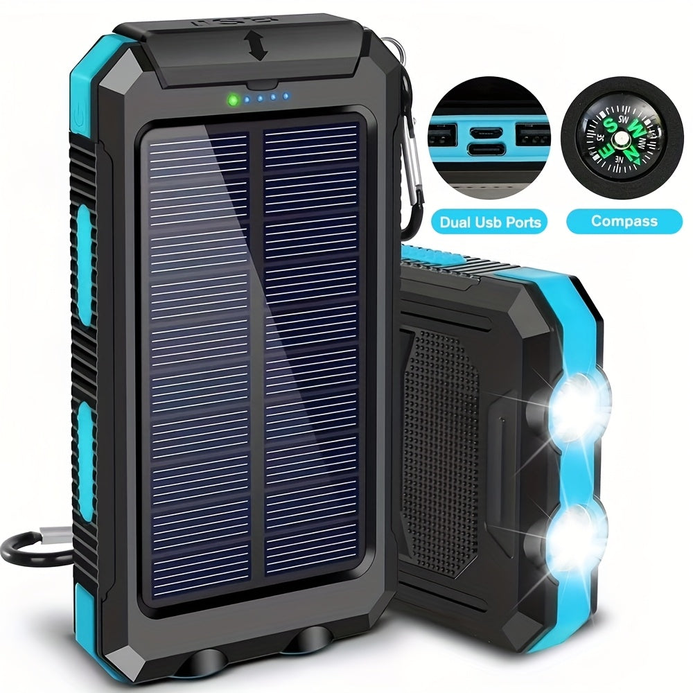 29800mAh Solar Power Bank with Compass & Dual LED Flashlight – Outdoor Camping Portable Charger, Dual USB 5V Output, SOS Emergency Battery Pack for Cell Phones & Mobile Devices, Black/Orange