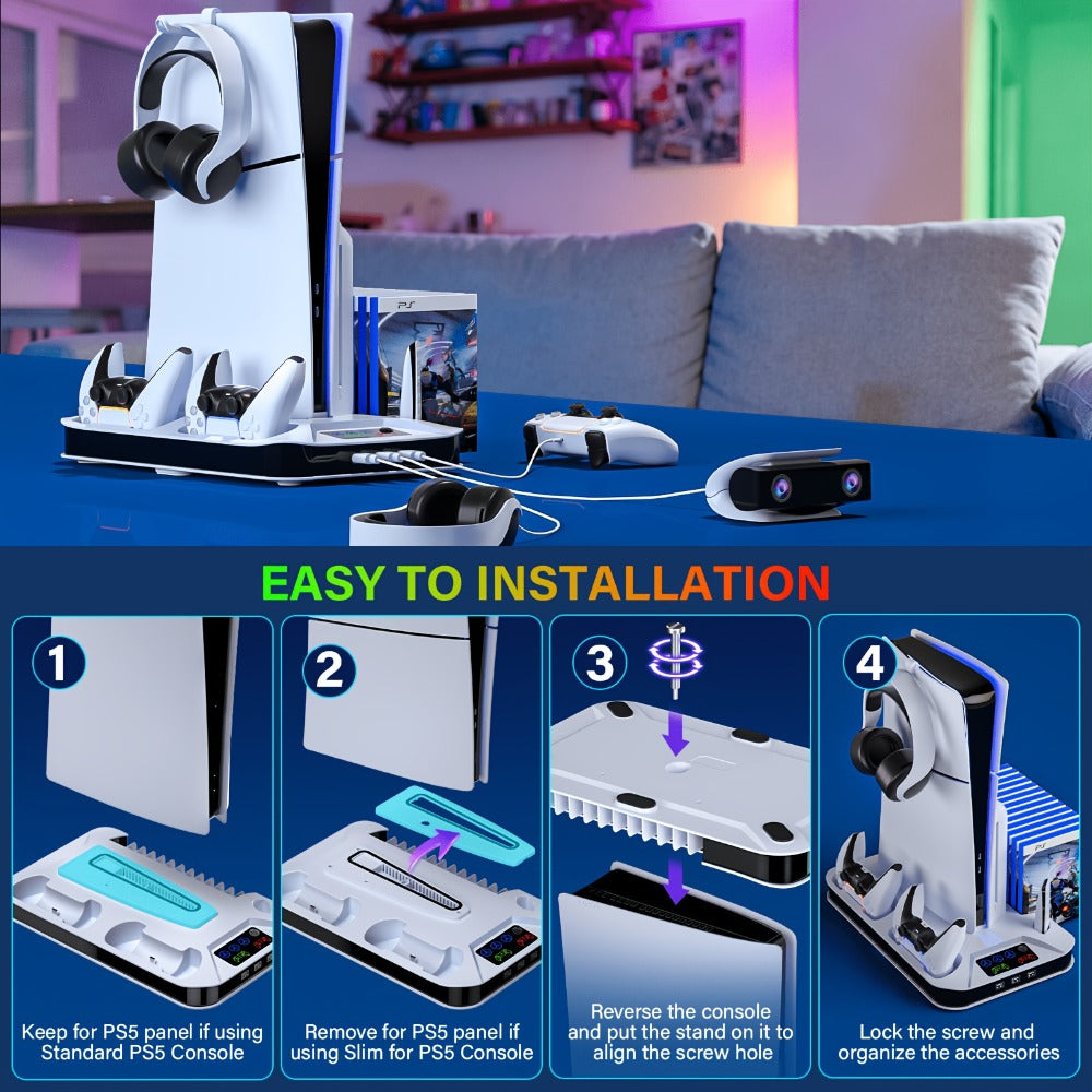 PS5 Cooling Station with USB Hub & Dual Controller Charging Dock for PS5/Slim/Pro, PlayStation 5 Stand Cooler with 3 USB Hubs, Headset Holder, Cooling Fan, Fits Disc & Digital Edition