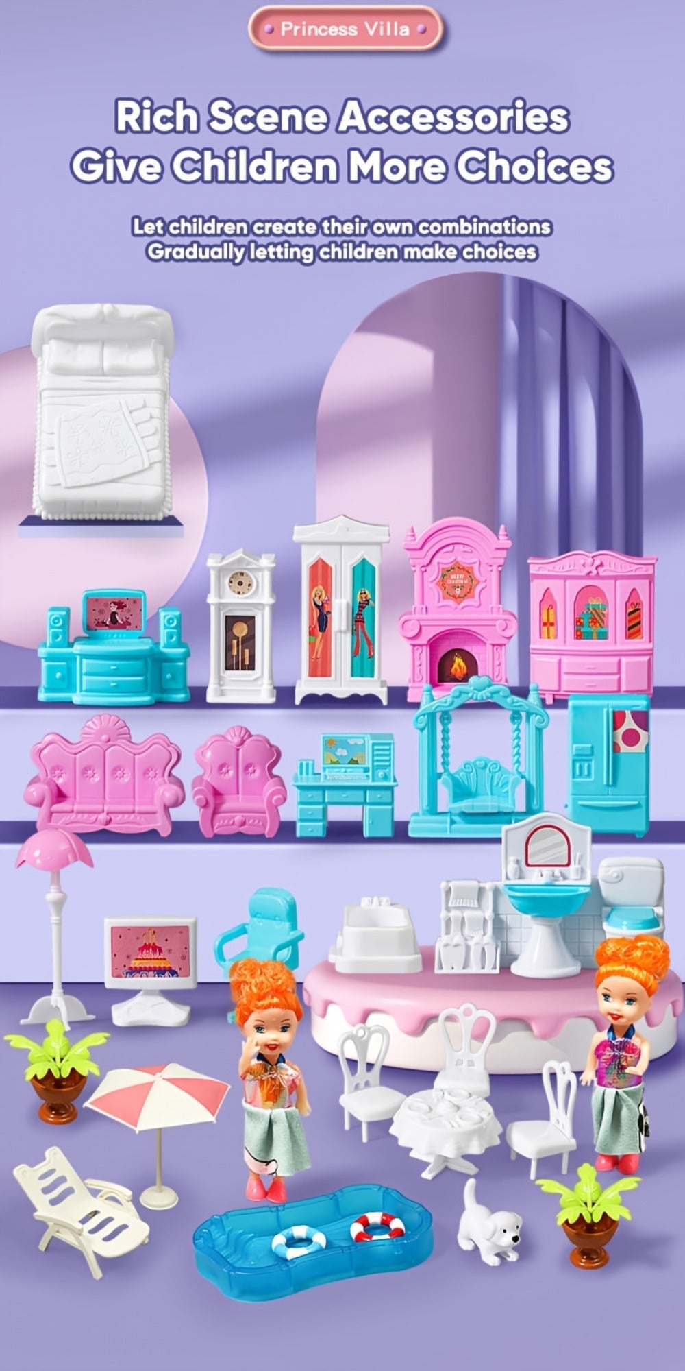 Purple LED Dollhouse Playset with 6 to 16 Room Options and Furniture