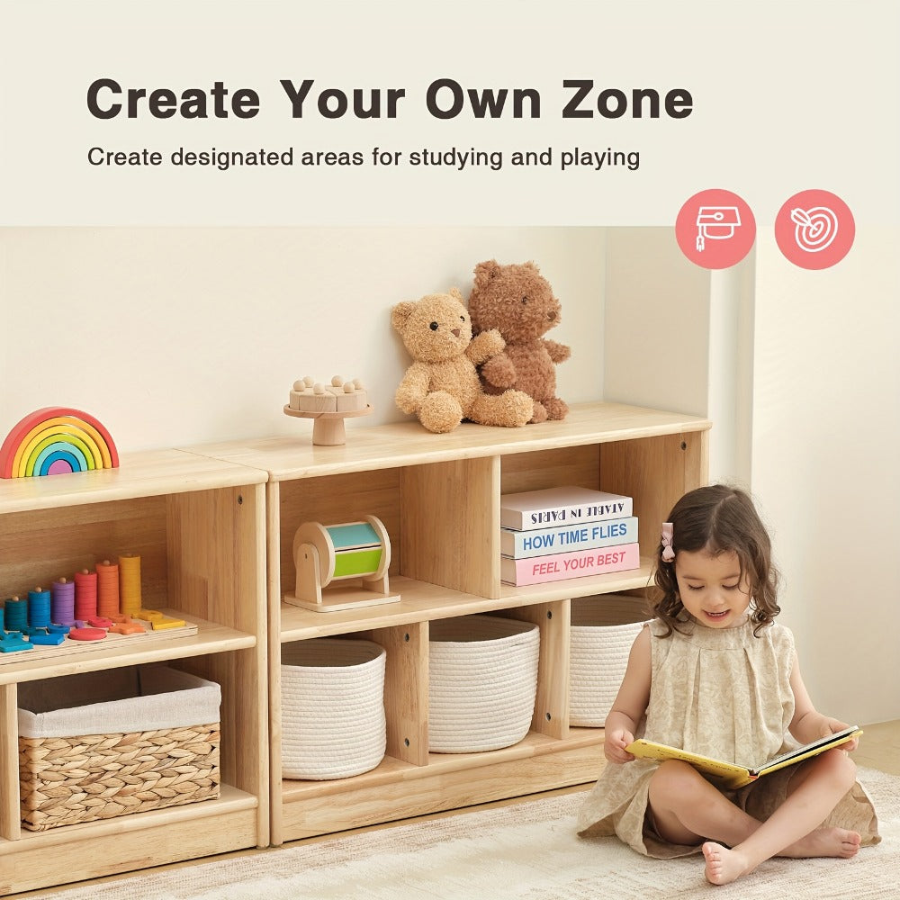 Rubber Wood 5-Compartment Bookshelf 35.4" – 2-Tier Wooden Storage Cabinet for Classroom, Playroom & Preschool | Kids Book Organizer Shelf for Daycare, Bedroom & Living Room | 5-Section Display Rack