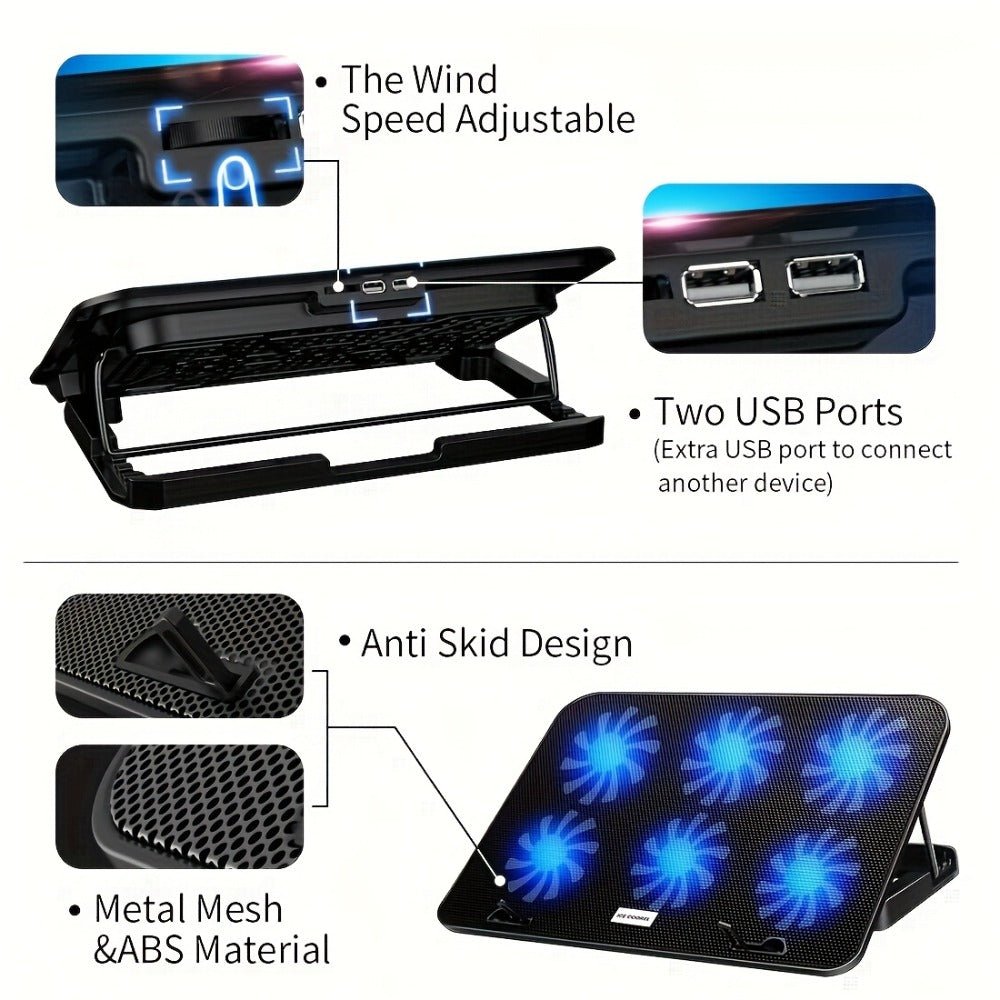 Laptop Cooling Pad ICE COOREL 6 Fans 12-17.3 Inch 5 Adjustable Heights 2 USB Ports RGB Gaming Laptop Cooler Stand Full Coverage Heat Dissipation for Gaming Work Home Office A9 A9R