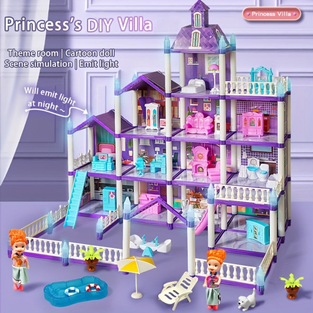 Purple LED Dollhouse Playset with 6 to 16 Room Options and Furniture