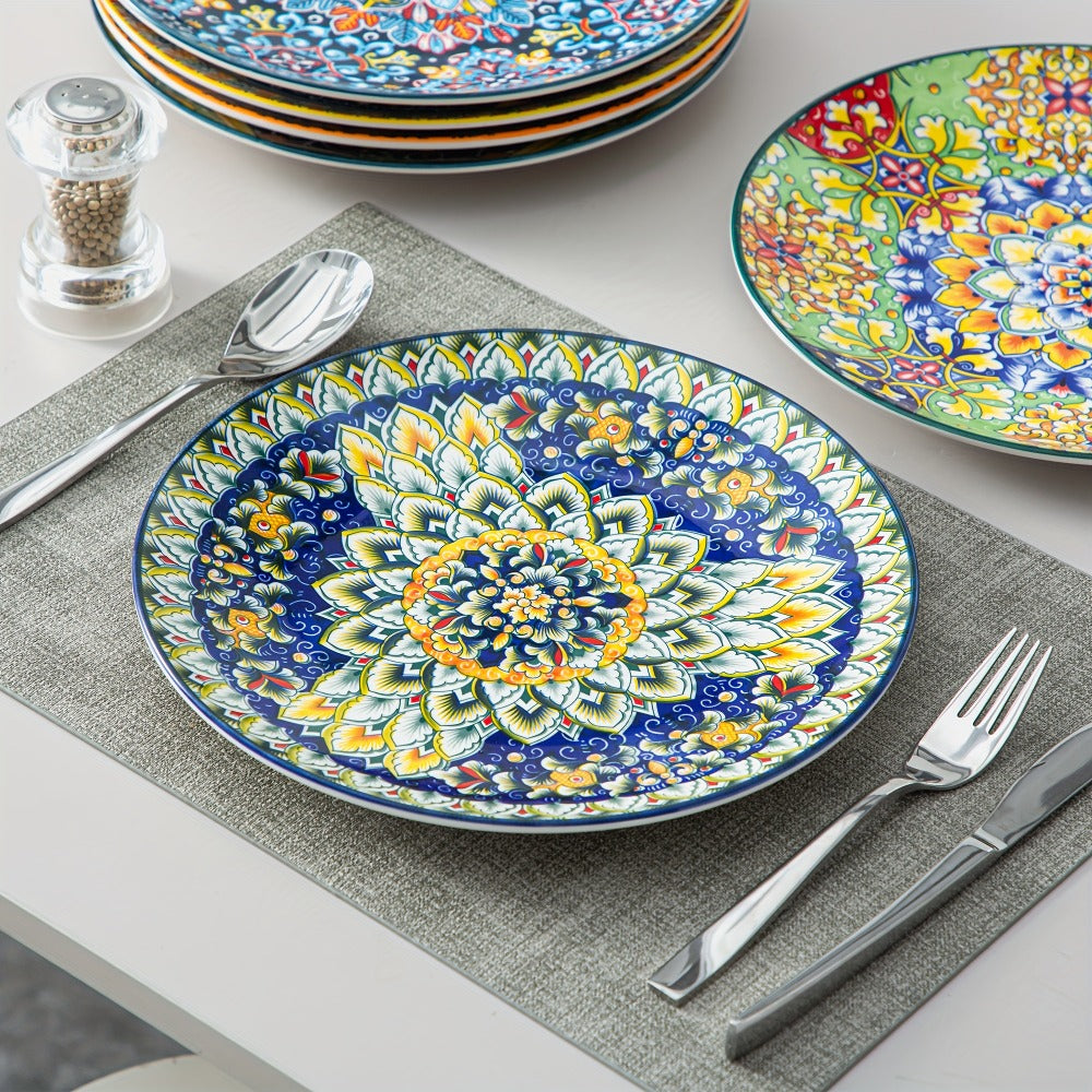 Bohemian Dinner Plates Set of 6 – 10.5 Inch Colorful Stoneware Plate Set Microwave Dishwasher Safe Scratch Resistant Porcelain Dinnerware for Home Restaurant Cafe Boho Kitchen Decor Gift