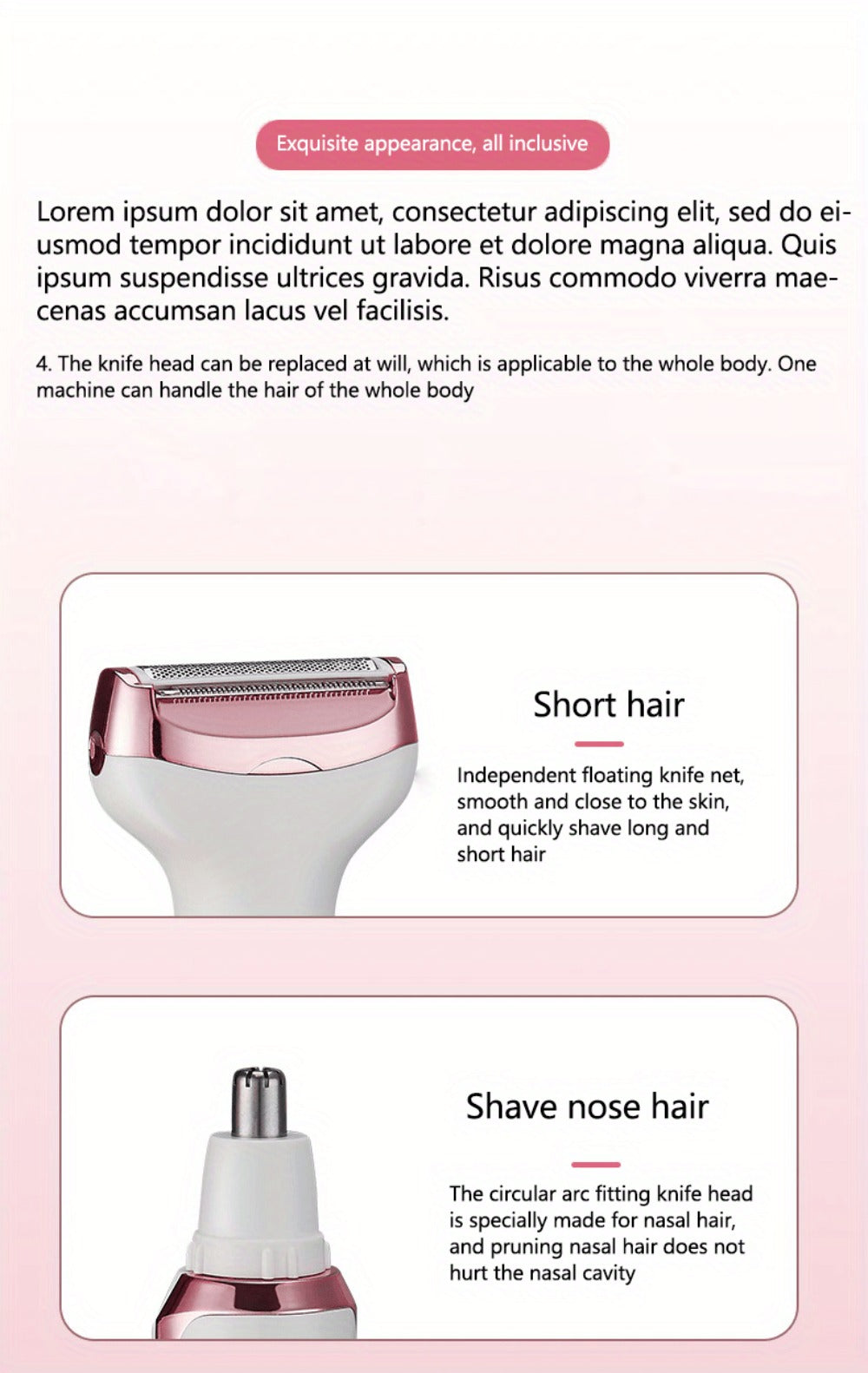 4-in-1 Electric Hair Remover for Women USB Rechargeable Shaver Trimmer – Eyebrow Nose Face Leg Bikini Line Underarm Peach Fuzz Removal Stainless Steel Blades Portable Travel Gift