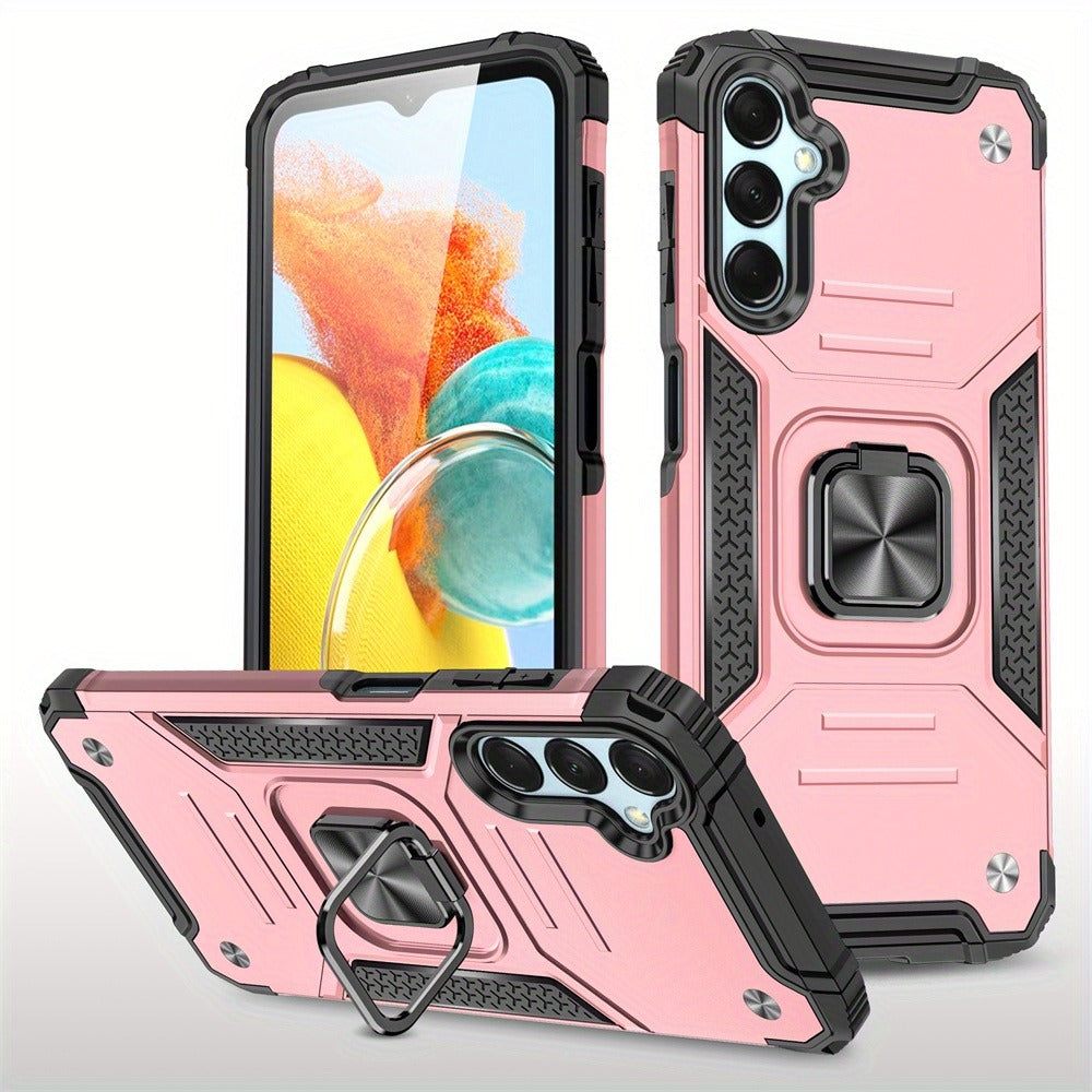 Ring Kickstand Samsung Galaxy A15 5G Case – 360° Rotating Stand Hybrid Armor Shockproof Rugged Cover with Magnetic Car Mount Plate, Dual Layer Hard PC TPU Bumper, Anti-Slip Grip – Black Blue Green Red Rose Gold