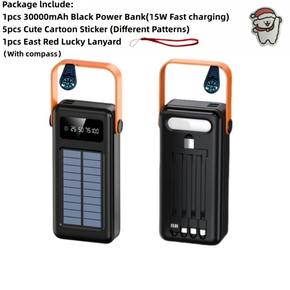 Solar Power Bank with Built-in 4 Cables LED Flashlight 15W Fast Charging Digital Display Dual USB USB-C Portable Charger 10000mAh 20000mAh 30000mAh for iPhone Android Camping Hiking