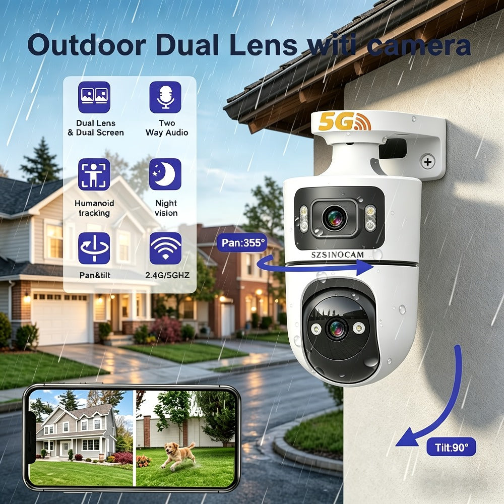 4K Dual Lens Security Camera WiFi Outdoor - 2160P Ultra HD, Dual Band 2.4G & 5GHz, Color Night Vision, Rain Proof, Tamper Detection, Two-Way Audio, Wall Mount for Home Indoor & Outdoor Surveillance