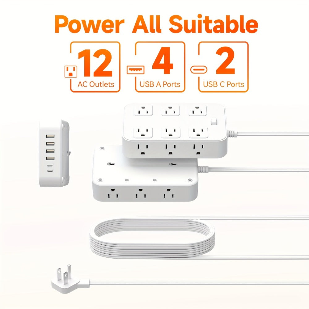 12-Outlet Surge Protector Power Strip with One-Touch Master Switch 18-in-1 with 12 Spacious AC Outlets 4 USB-A 2 USB-C Ports Safe Portable Charging Station for Home Dorm Office Travel – Black & White