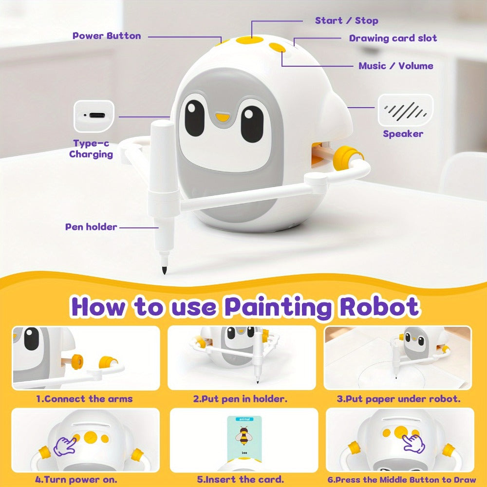 Drawing Robot for Kids Penguin, 200 Learning Cards & 12 Color Pens, STEM Art Educational Toy, Screen-Free Interactive Drawing Game, Step-by-Step Lessons for Boys & Girls Ages 3+, USB Charging, Birthday Gift