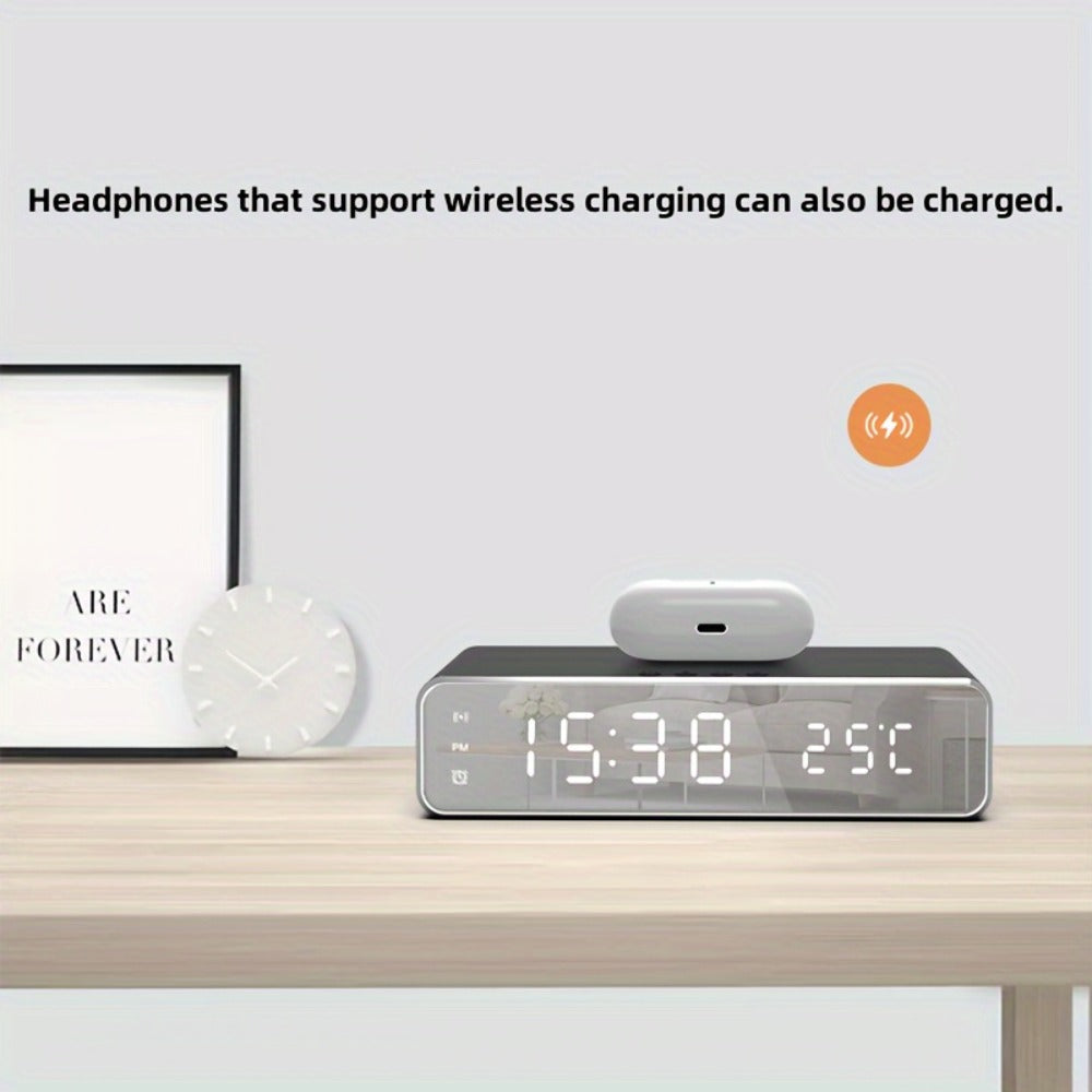 Alarm Clock Wireless Charger with Thermometer 3-in-1 LED Fast Charging Pad for iPhone & Android – 3 Alarms, 12/24H Display, Celsius/Fahrenheit, Power Saving Mode | Bedside Nightstand & Desk Gadget | Black & Silver
