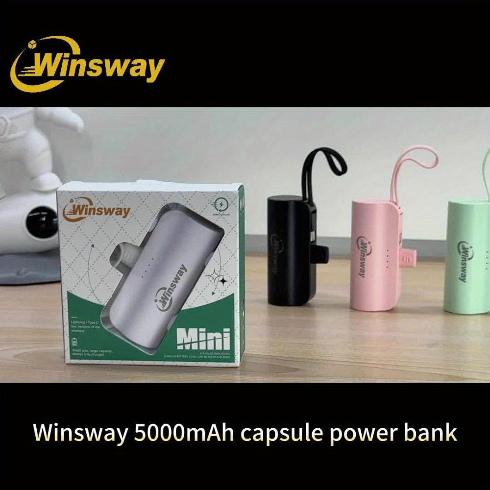 Capsule Mini Power Bank 5000mAh Dual Port Wireless Charging Phone Holder Fast Charge USB-C Cable Charge Two Phones at Once Pocket Portable Charger for Android Samsung iPhone