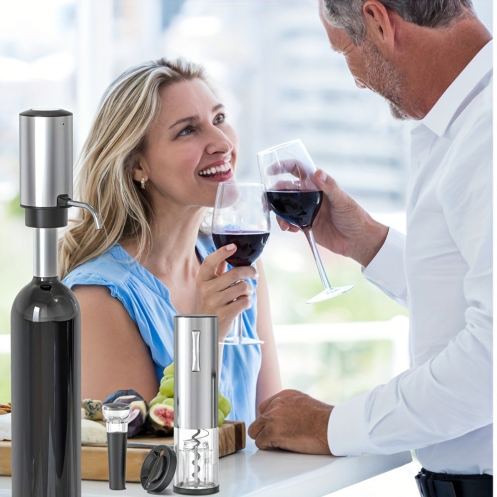 Electric Wine Opener Set – Rechargeable Automatic Corkscrew with Wine Aerator Dispenser, Vacuum Stopper & Foil Cutter for Any Occasion Gift