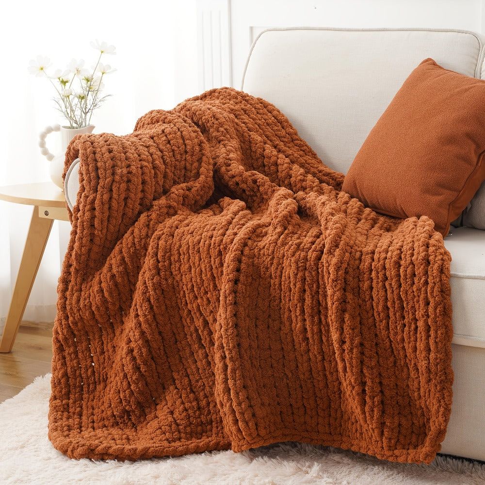 Chunky Chenille Cable Knit Throw Blanket – 350-400gsm Soft Warm Crochet Throw for Sofa, Bed & Couch, Vintage Patchwork, 14 Colors