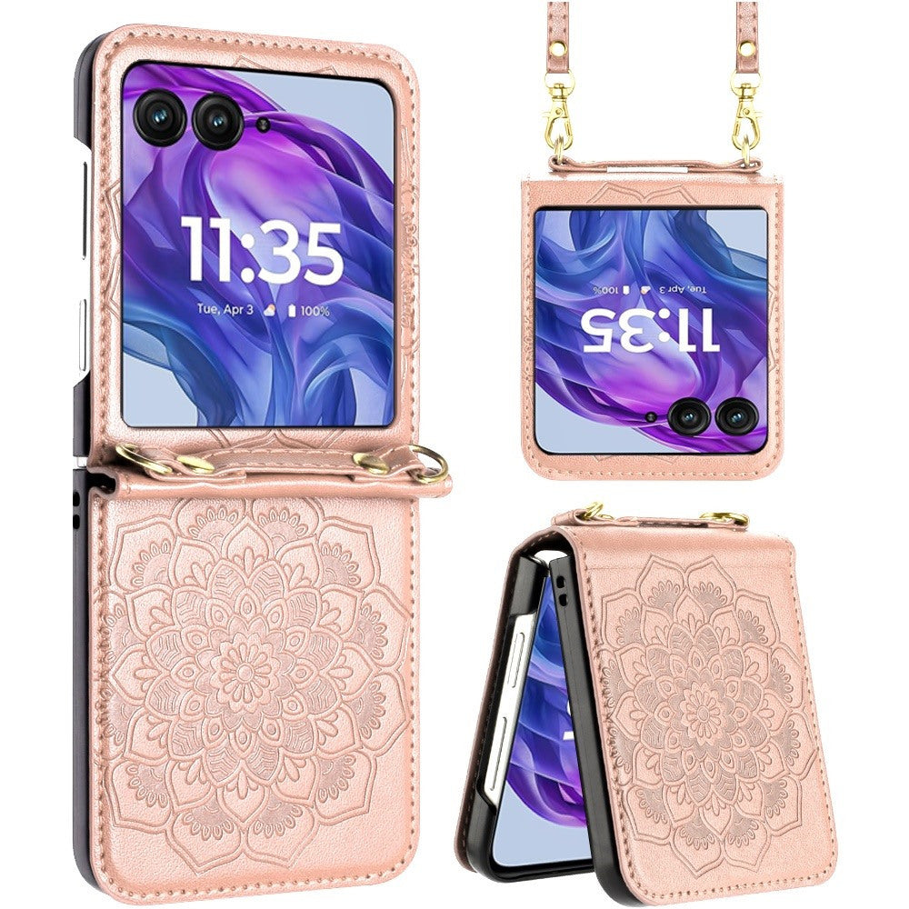 Floral Crossbody Motorola Razr 2024 / Razr+ Plus 2024 Case Flower Embossed PU Leather Lanyard Strap – Boho Henna Mandala Hybrid Protective Cover for Women Gift
