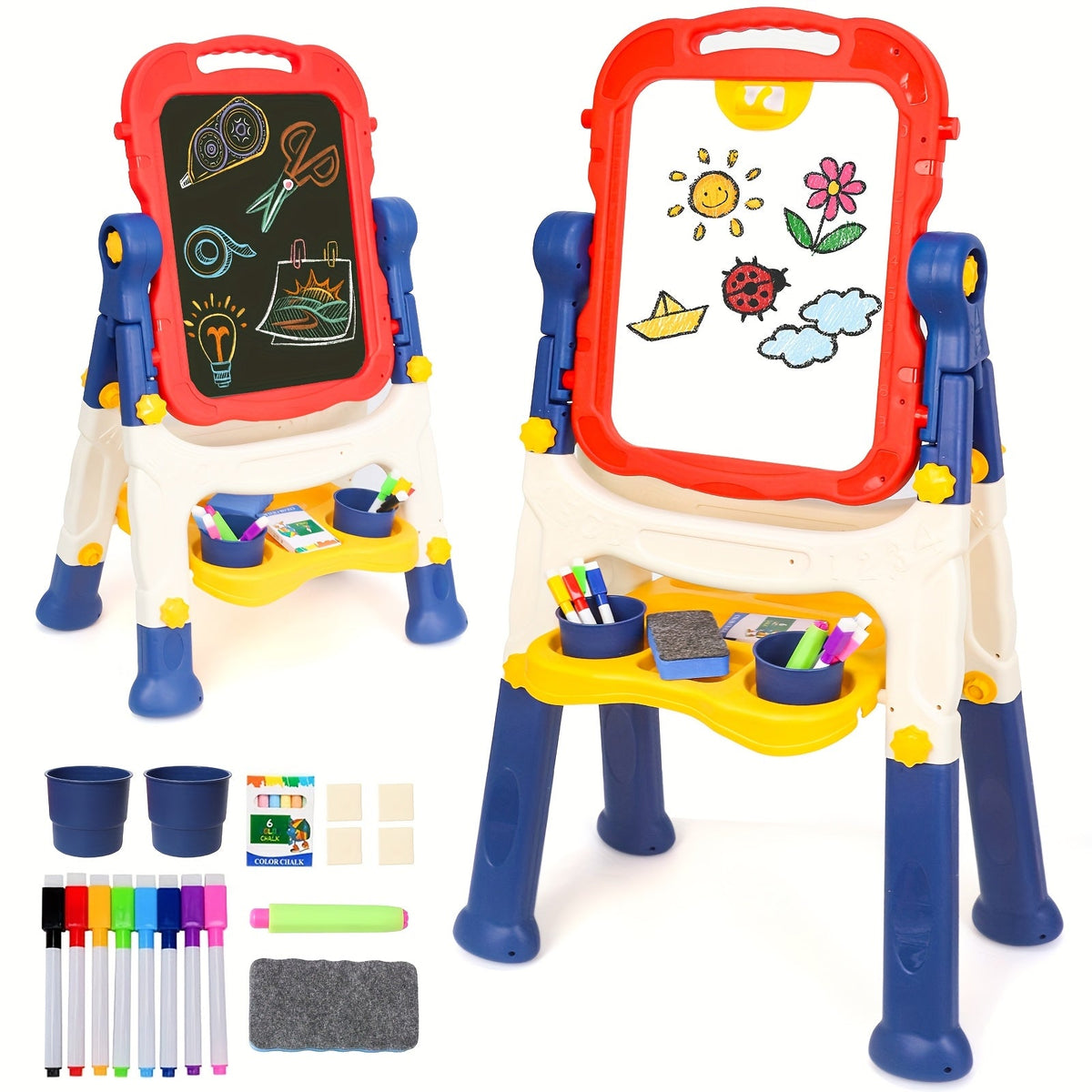 Art Easel for Kids Adjustable Double-Sided Standing Easel with Painting Accessories for Boys & Girls Ages 3+ – Rotatable Portable Chalkboard Whiteboard Children's Easel | Birthday Christmas Gift