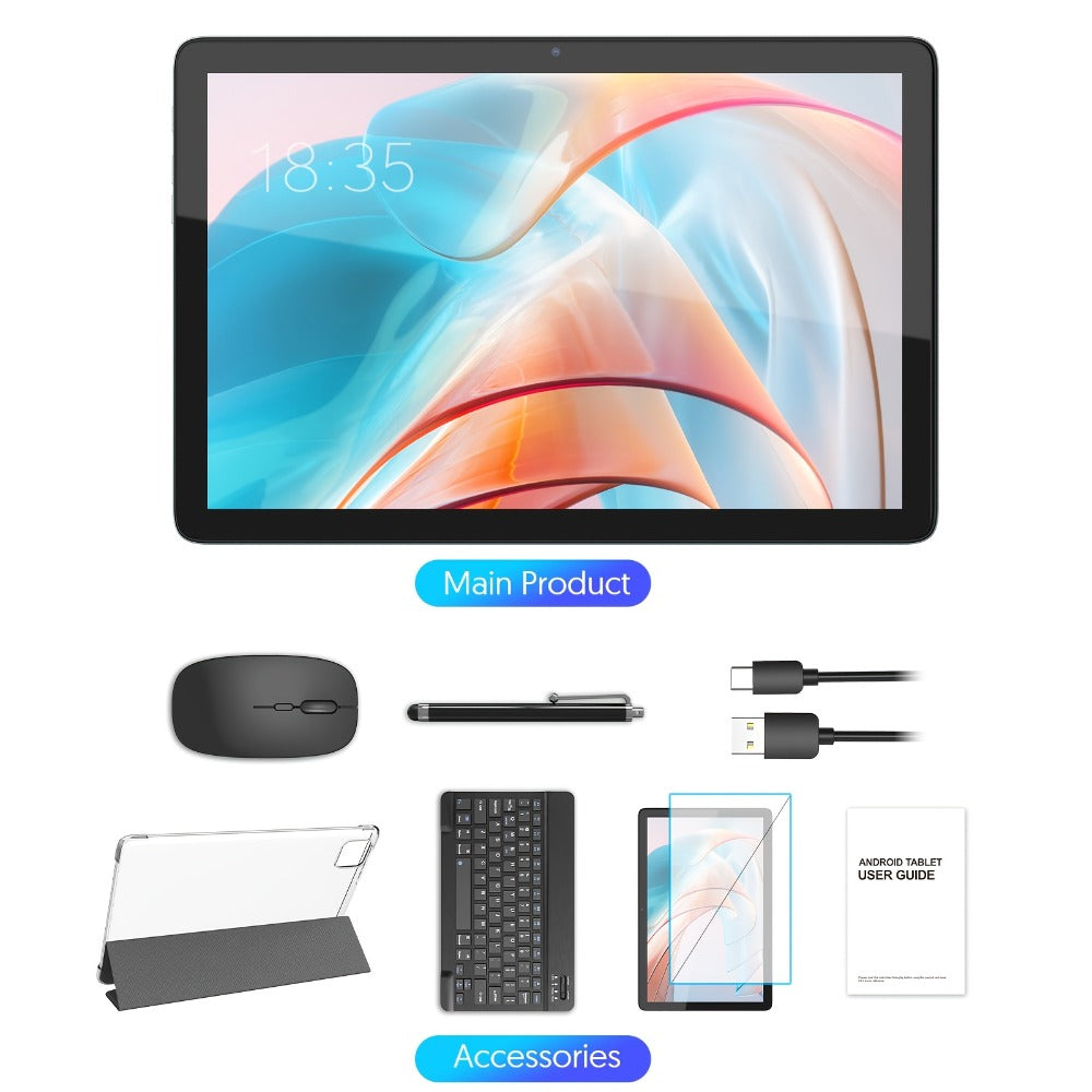 128GB Tablet Android 14 10 Inch 11 Inch 8GB RAM 8000mAh Battery Octa-Core WiFi 6 1TB Expandable 8MP Dual Camera FHD IPS Display Optional Keyboard Set – Grey & Green