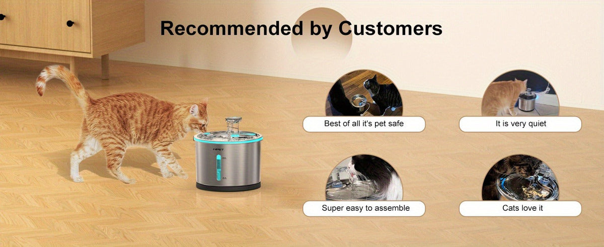 Cat Water Fountain Stainless Steel 50oz/1.5L - Ultra Quiet Auto Pet Water Dispenser with LED Light, Visible Window & Dishwasher Safe - Includes Replacement Filters for Cats & Dogs Indoor
