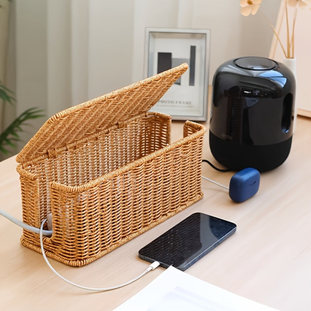Rattan Cable Management Box with Lid Woven Cord Organizer – Stylish Power Strip Cover Wire Hider for Home Office Living Room Desk Bedroom, Conceals Surge Protectors & Data Cables, Boho Decor Gift