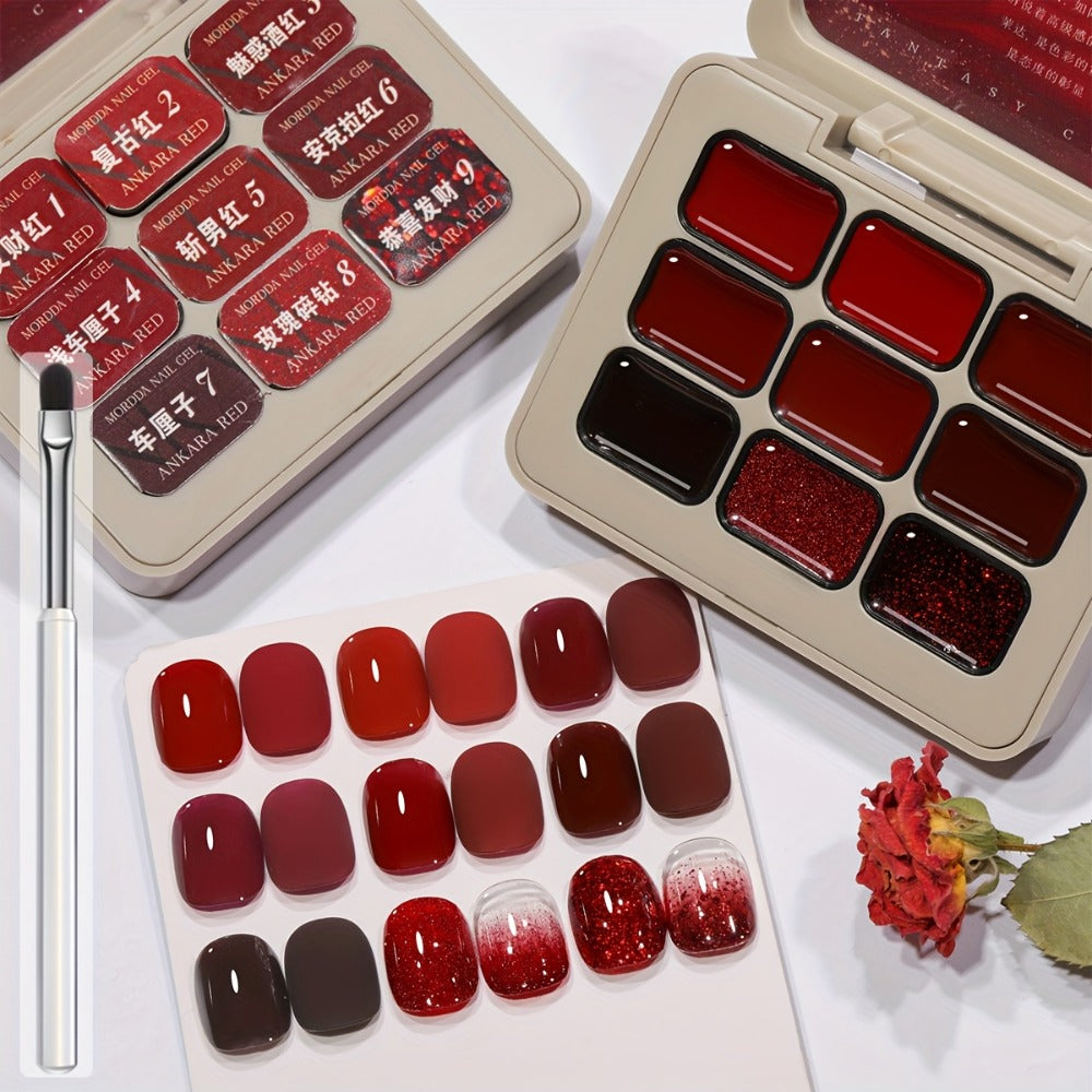 Gradient Gel Nail Polish Set 9pcs Ancola Red Collection – High Saturation Solid Gel, Shiny Gloss Finish, LED Curable Multifunctional Nail Gel | Spring Summer Ombre DIY Manicure Kit for Women