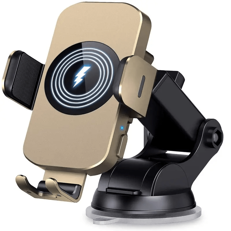 Auto-Clamping Car Wireless Charger 15W Blue Gold Stylish Vent Clip Phone Mount 360° Rotation for iPhone 16 15 14 13 12 11 Pro Max, Samsung Galaxy S24 S23 S22 S21, All Qi Devices – Blue & Gold