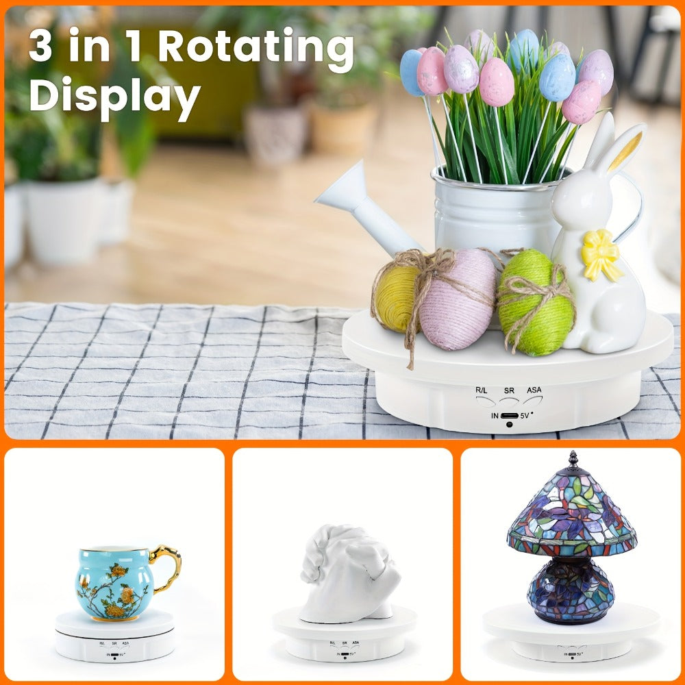 JANCHUN 3-in-1 360° Rotating Display Stand for Epoxy Glitter Tumbler | 5.74"/7.08"/8.06" Sizes, Remote Control, Adjustable Speed & Angle, Silent USB-Powered Turntable for Photography & Product Display