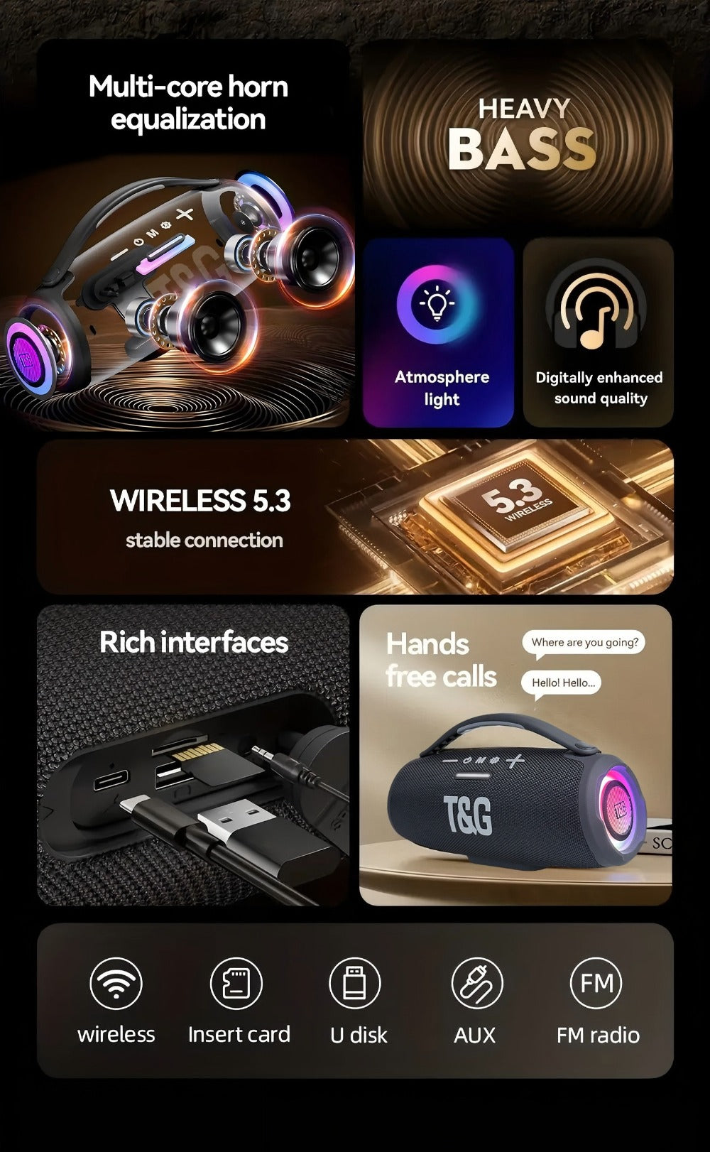 TG418 Bluetooth Wireless Speaker 3000mAh, LED Flash Lights, EQ Settings, Type-C Charging, TF Card USB AUX Compatible, Loud Portable Speaker for Mobile Phones Tablets Computers Outdoor & Home Use