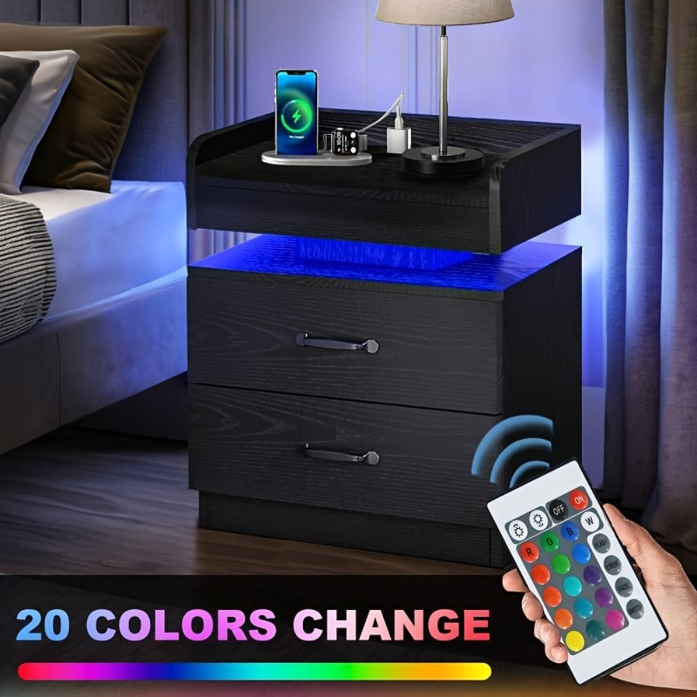 Wooden Nightstand with LED Ambient Light & Charging Station – Fabric Drawer, Blue Glow, Modern Bedside Table for Bedroom Living Room End Table, Black or White (Single or 2-Pack)