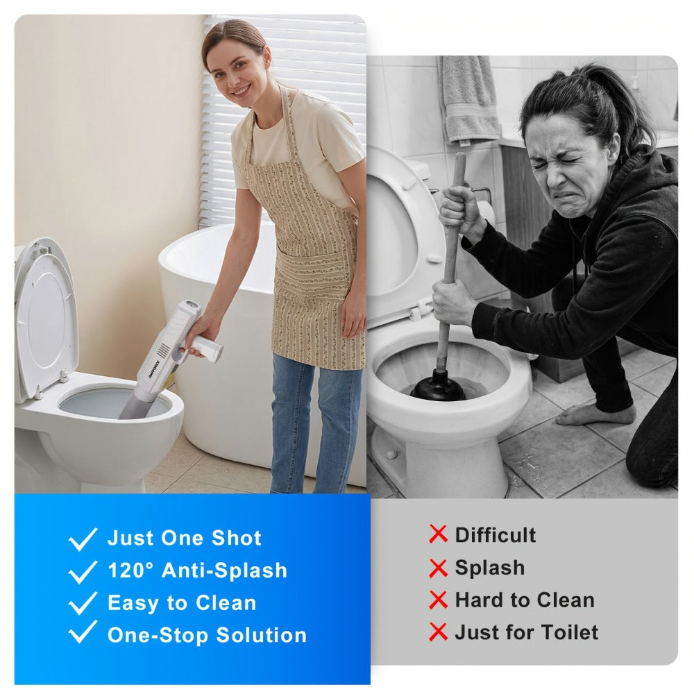 Electric Cordless Toilet Plunger 8V - High-Pressure Pneumatic Drain Opener with Real-Time Pressure Display, Professional Power Unclogger for Toilets Sinks Floor Drains, Mess-Free Reusable, White/Black