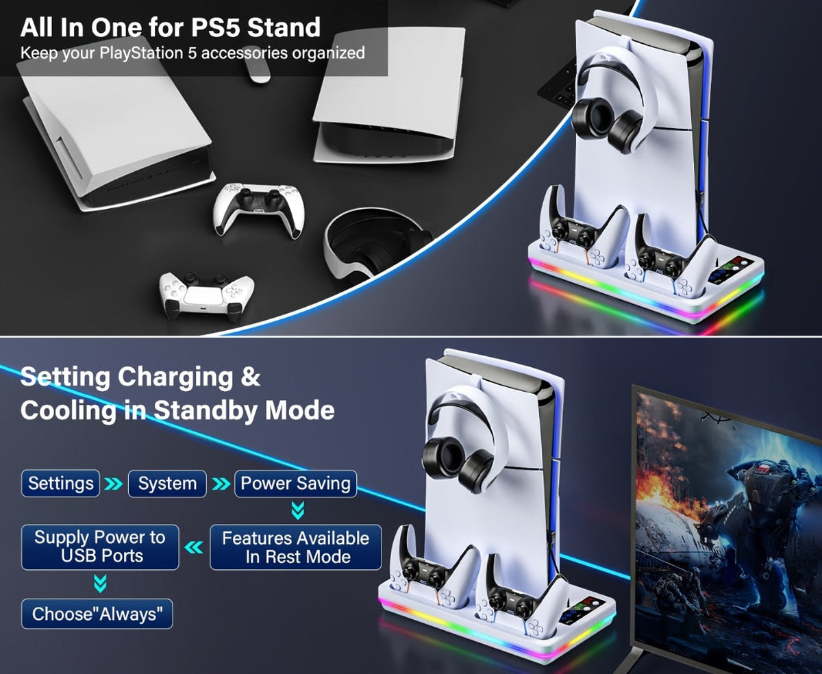 PS5 Cooling Stand with Dual Controller Charging Dock – Compatible with PS5/Slim/Pro Standard & Digital Edition, 3-Speed Fan, 10 RGB Lights & USB Hub, PlayStation 5 Gaming Accessories