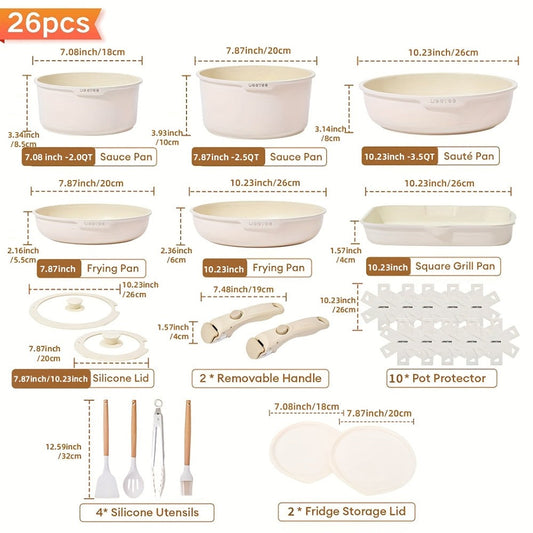 Detachable Handle Cookware Set, Stackable Non-Stick Pots and Pans in 16- or 26-Piece Options