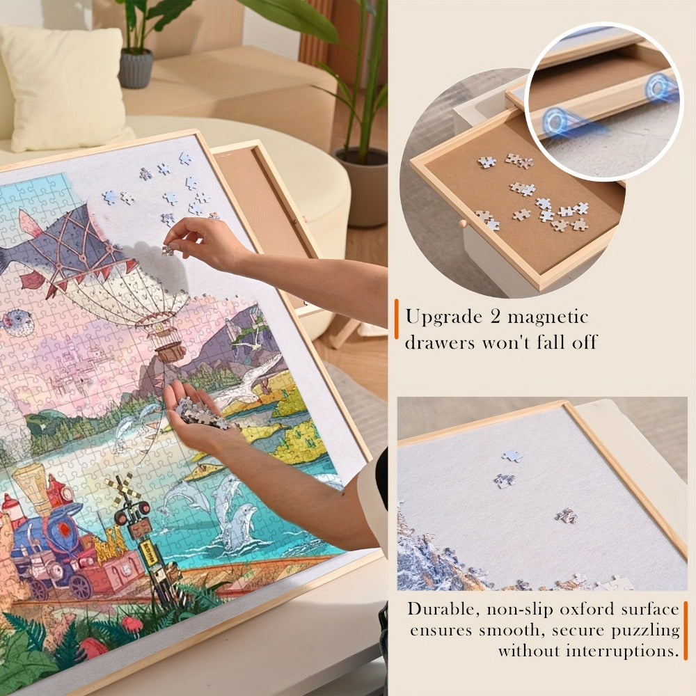 Tilting Jigsaw Puzzle Board Table for 2000-Piece Projects with 4 Magnetic Drawers