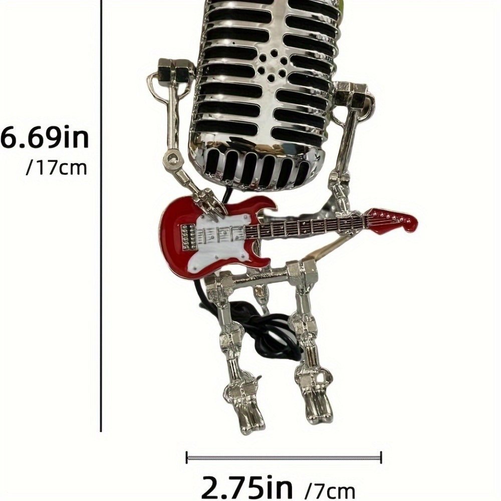 Vintage Microphone Robot Guitar Lamp USB Powered – Retro Decorative Night Light for Music Lovers, Guitar Players, Home, Bar & Office Desk Decor (Red / Yellow)