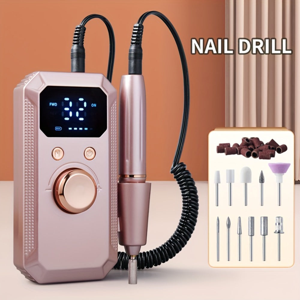Cordless Electric Nail Drill Machine Rechargeable Professional E-File 11 Bits 20 Sanding Discs High Speed Acrylic Gel Natural Nails Polishing Portable Home Salon Black Pink White Grey Rose Gold
