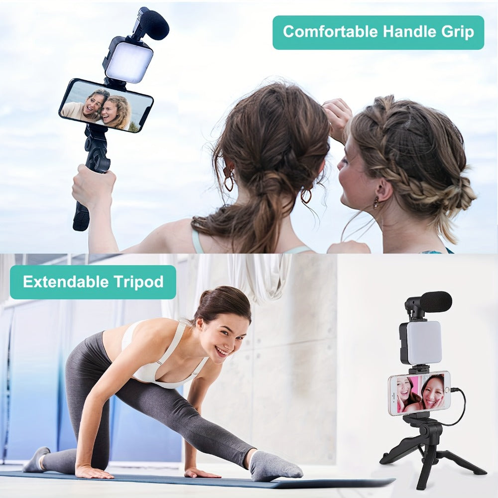 All-in-One Content Creator Kit with LED Ring Light Microphone Folding Tripod & Bluetooth Remote – Complete Podcast Video Blogging Setup for YouTube TikTok Instagram Live Streaming Vlog