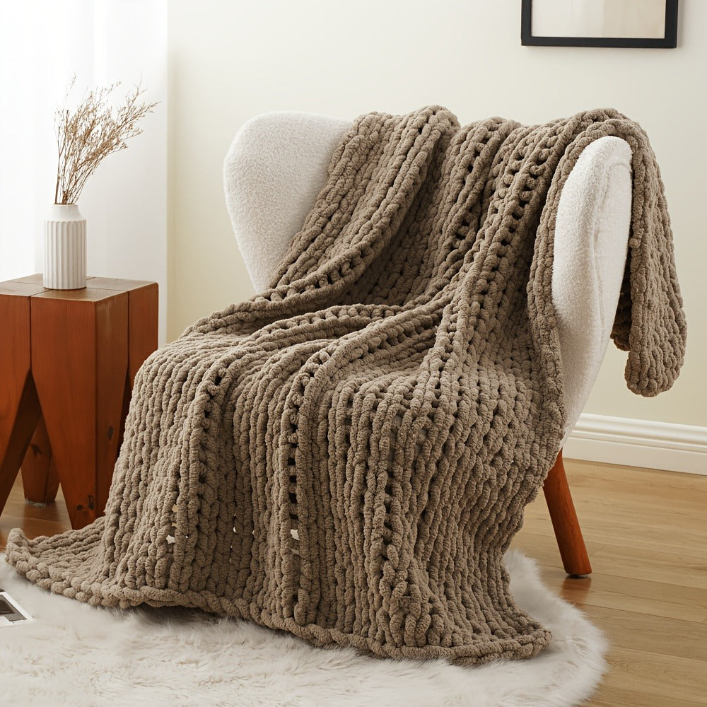 Chunky Chenille Cable Knit Throw Blanket – 350-400gsm Soft Warm Crochet Throw for Sofa, Bed & Couch, Vintage Patchwork, 14 Colors