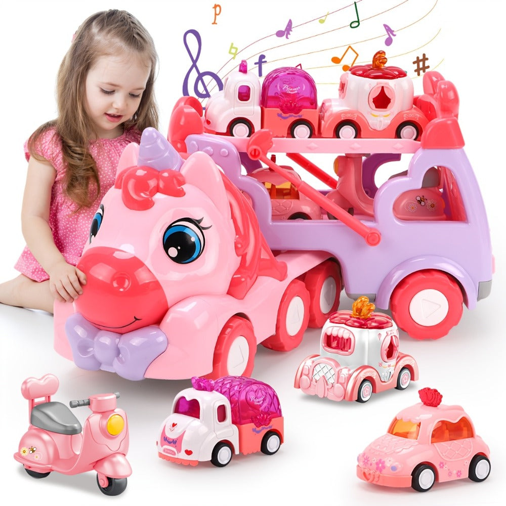 Pink Toy Car Carrier Truck with 4 Mini Cars, Music and Lights