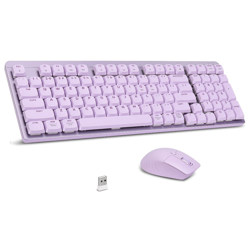 LeadsaiL FA98 Low Profile Wireless Mechanical Keyboard and Mouse Combo – 2.4GHz 98-Key 96% Slim Red Switch Silent Mouse, Ergonomic Design for Windows & Mac | Aesthetic Colors Purple, Silver & Pink