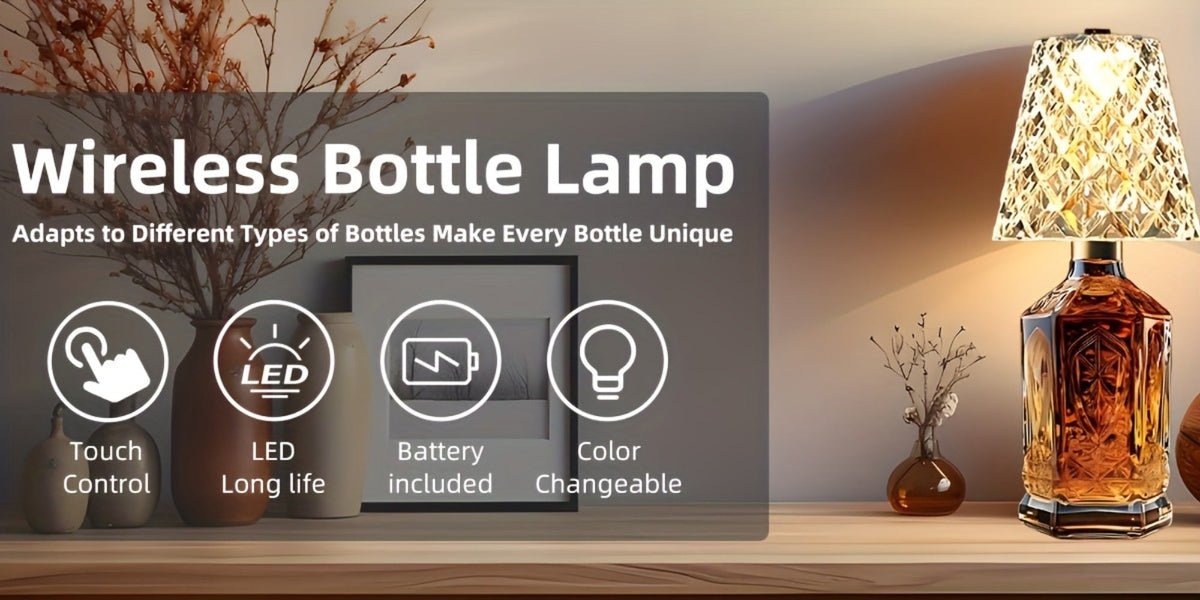 Wireless Wine Bottle Lamp – USB Rechargeable Acrylic Crystal Shade, 3-Color Touch Control Smooth Dimming, 2000mAh Cordless Bottle Light for Bar Decor, Home, Kitchen, Party & Table Ambiance (1pc / 2pcs)