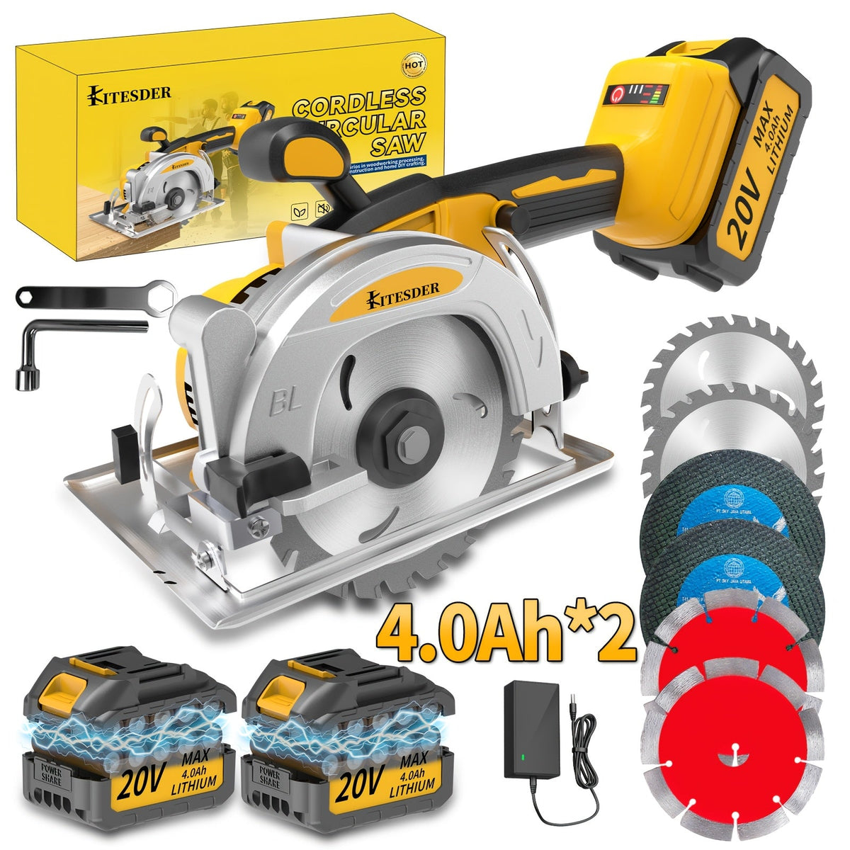 Brushless Circular Saw 5-Inch Kit 6900RPM with Battery & Charger – 45° Bevel Cut, Up to 6 Saw Blades, 2.0AH / 4.0AH Battery Options, Cordless Woodworking Saw for Wood Cutting, Garden & DIY Projects