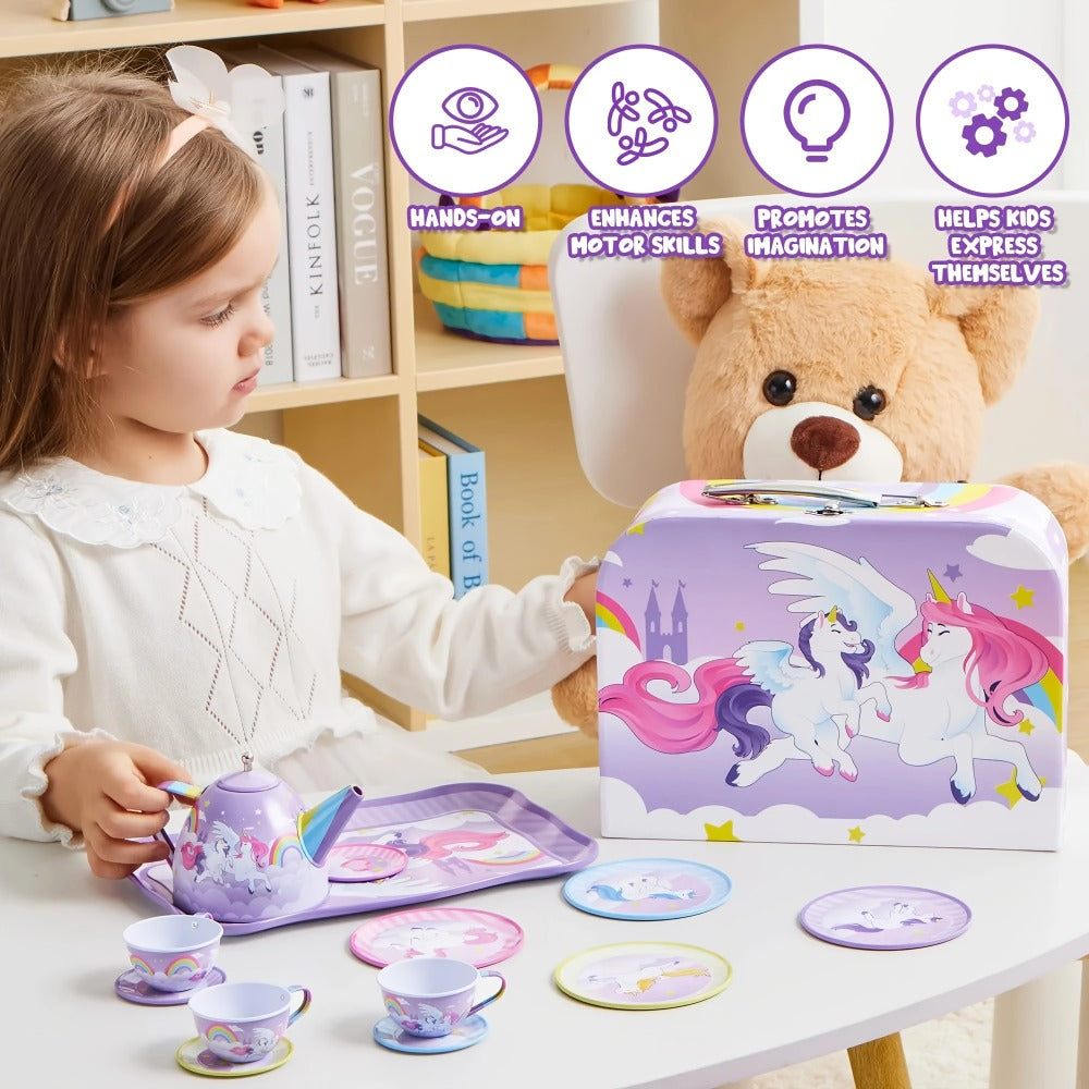 Purple Unicorn Pretend Play Tea Set with Teapot, Cups and Storage Case