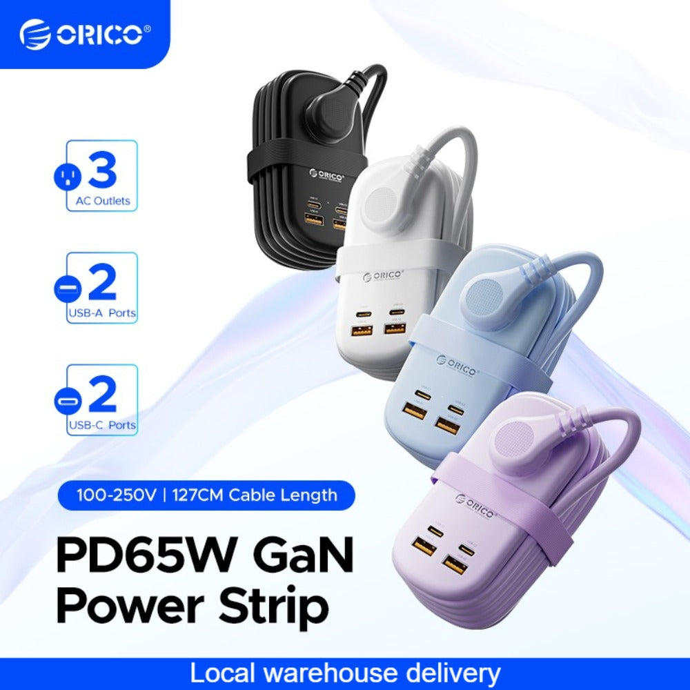 GaN 65W Portable Power Strip Fast Charging - 3 AC Outlets, 2 USB-C & 2 USB-A Ports, Flat Plug, 50-inch Cable, Compact Travel Charging Station for Laptop Tablet Phone Home Office Studio