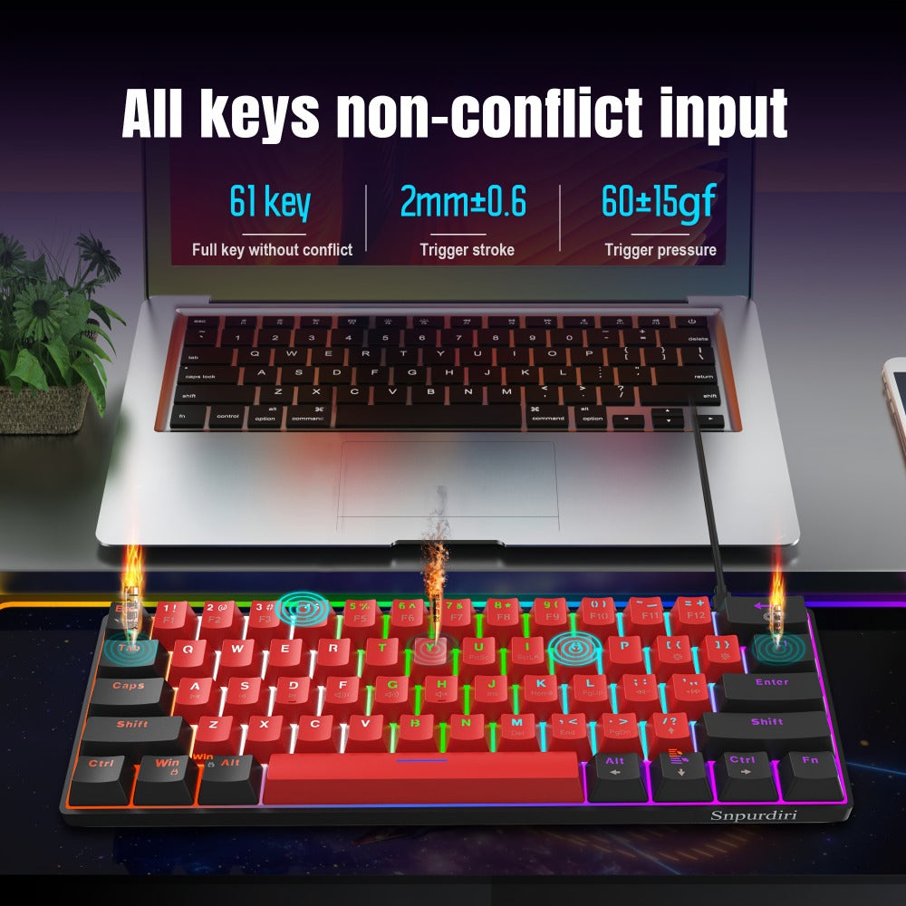 60% Mechanical Gaming Keyboard Wired 61 Keys Green Switch – Compact Tenkeyless Clicky Keyboard for PC Laptop Windows Gaming Typing | Black Red | Portable Desk Setup Keyboard