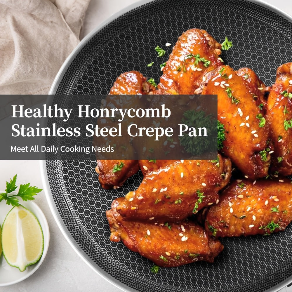 Stainless Steel Crepe Pan 11 Inch Dual Honeycomb Non-Stick PFOA-Free with Lid – Triply Steel Pancake Griddle for Tortillas | Induction Gas Electric Ceramic Compatible Home Camping BBQ Cookware
